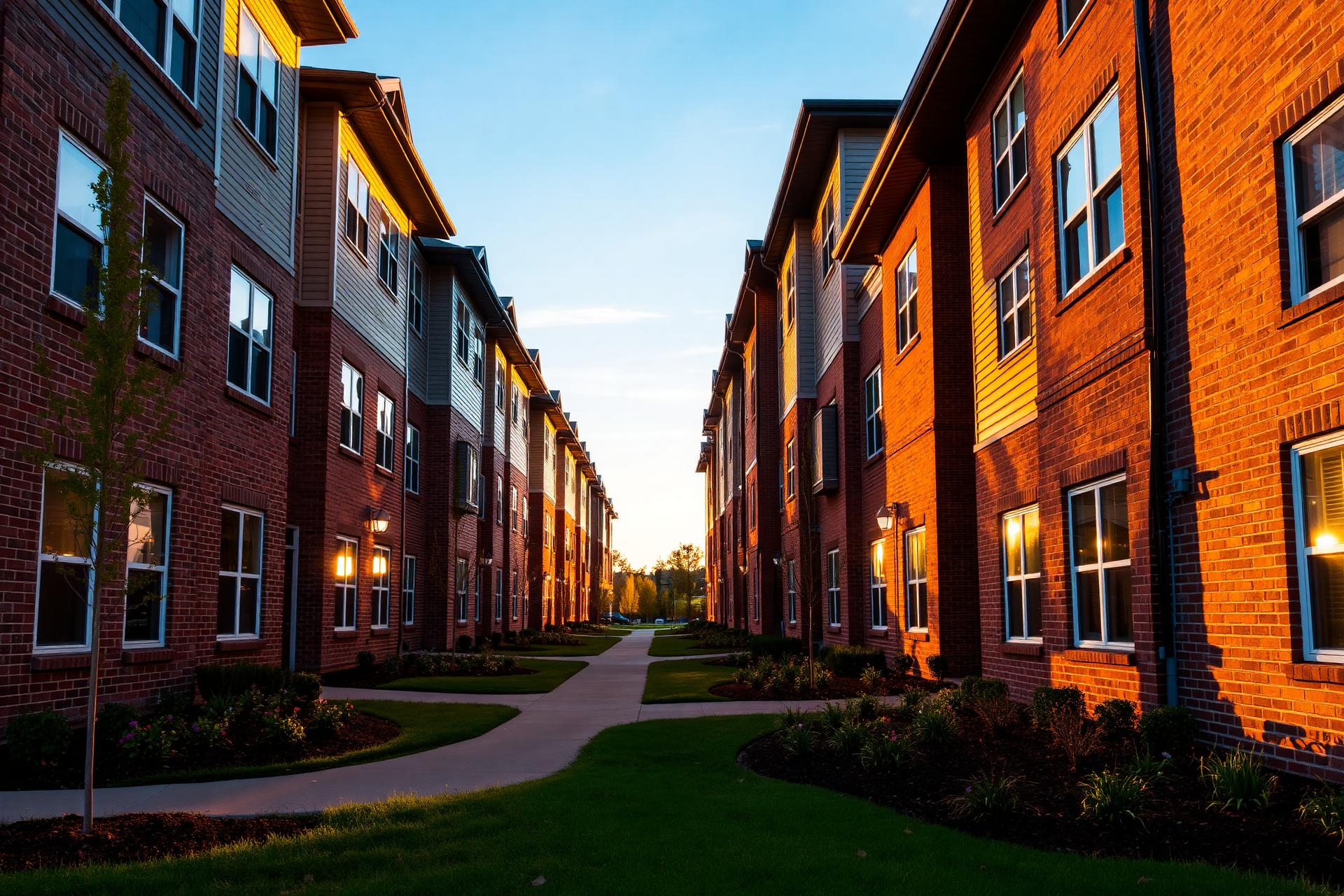 Affordable housing community at golden hour